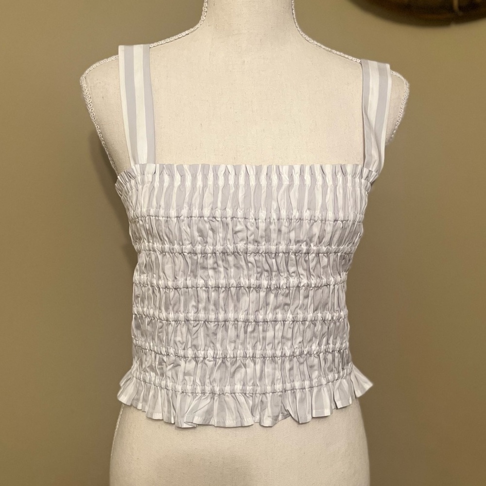 J. Crew White and Gray Striped Smocked Tank Top